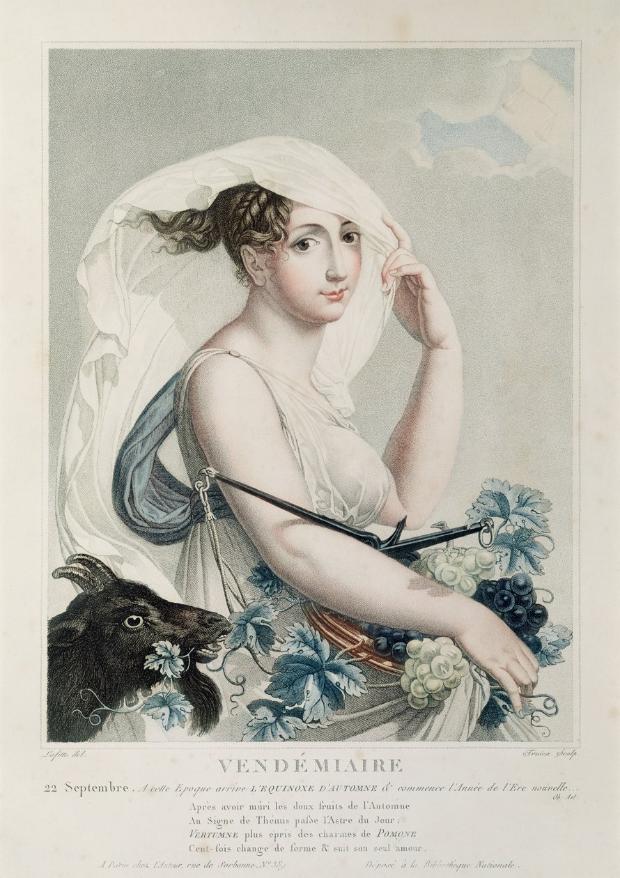 Vendemiaire (setembro de outubro), primeiro mês do calendário republicano, gravado por Tresca, c.1794 de Louis Lafitte