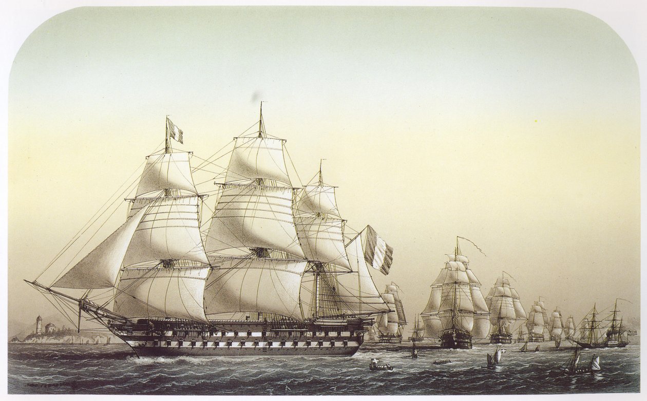 O esquadrão francês navegando do Grande Belt. O carro-chefe Inflexível pode ser visto em primeiro plano, liderando o esquadrão de Louis Le Breton