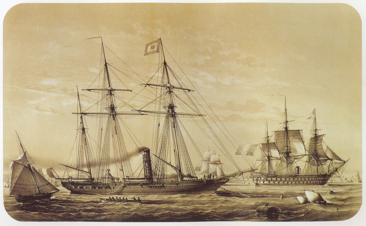 O Reine Hortense, imperio imperial de Napoleo III. O navio da linha Austerlitz pode ser visto em segundo plano de Louis Le Breton