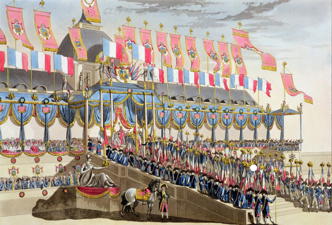 Festival sagrado e coroação de suas majestades imperiais, vista da decoração em frente à École Militaire ao lado do Champ du Mars, gravado por Francois Aubertin (1783-1821), publicado em 1806 de Louis Le Coeur