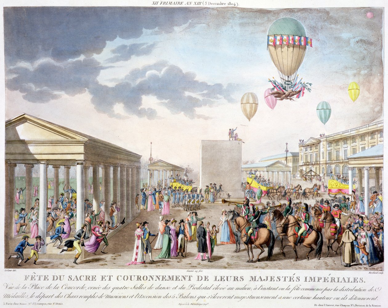 Festival Sagrado e Coroação de suas Majestades Imperiais, Vista da Praça da Concórdia, Paris, gravada por Marchand, publicada em 1806 (gravura à mão) de Louis Le Coeur