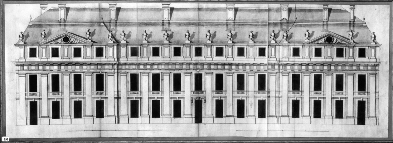 Chateau de Vincennes: Elevação da fachada de um pavilhão de esquina, 1658 (caneta e tinta no papel) de Louis Le Vau