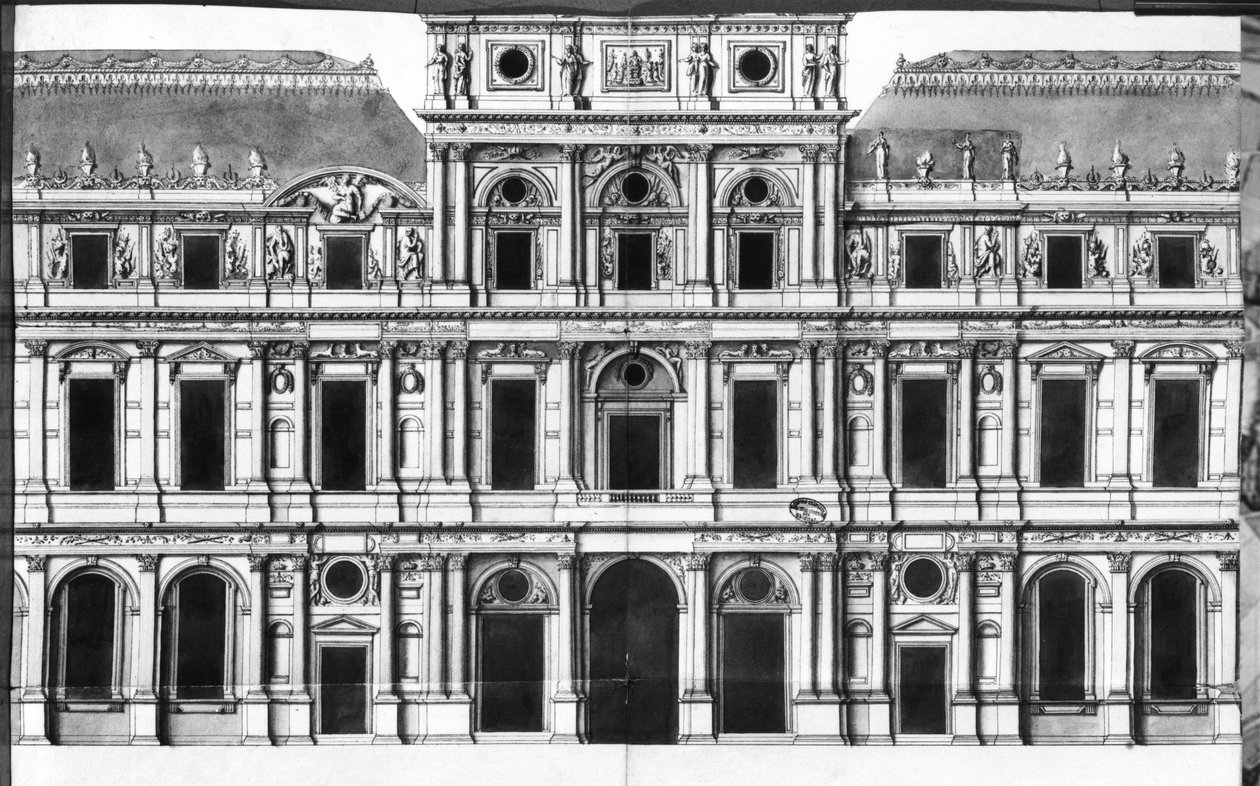 O Louvre: Elevação do Pavilhão no Meio do Rio, c.1660-63 (caneta e tinta no papel) de Louis Le Vau