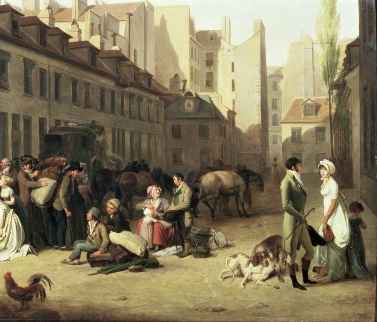 A chegada de um treinador de palco no Terminus, detalhe de alguns passageiros, 1804 óleo no detalhe do painel de 82846 de Louis Leopold Boilly