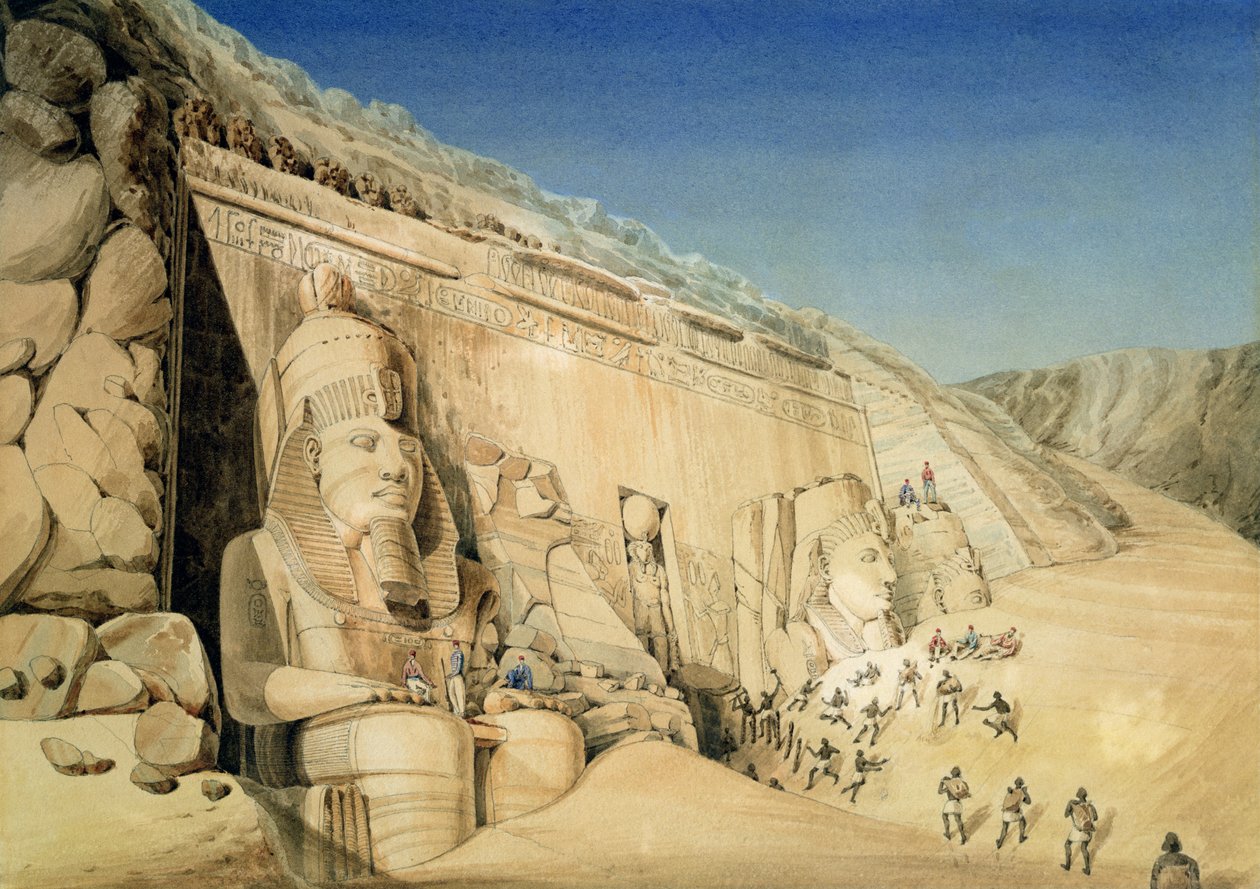 A Escavação do Grande Templo de Ramsés II, Abu Simbel (wc no papel) de Louis M.A. Linant de Bellefonds