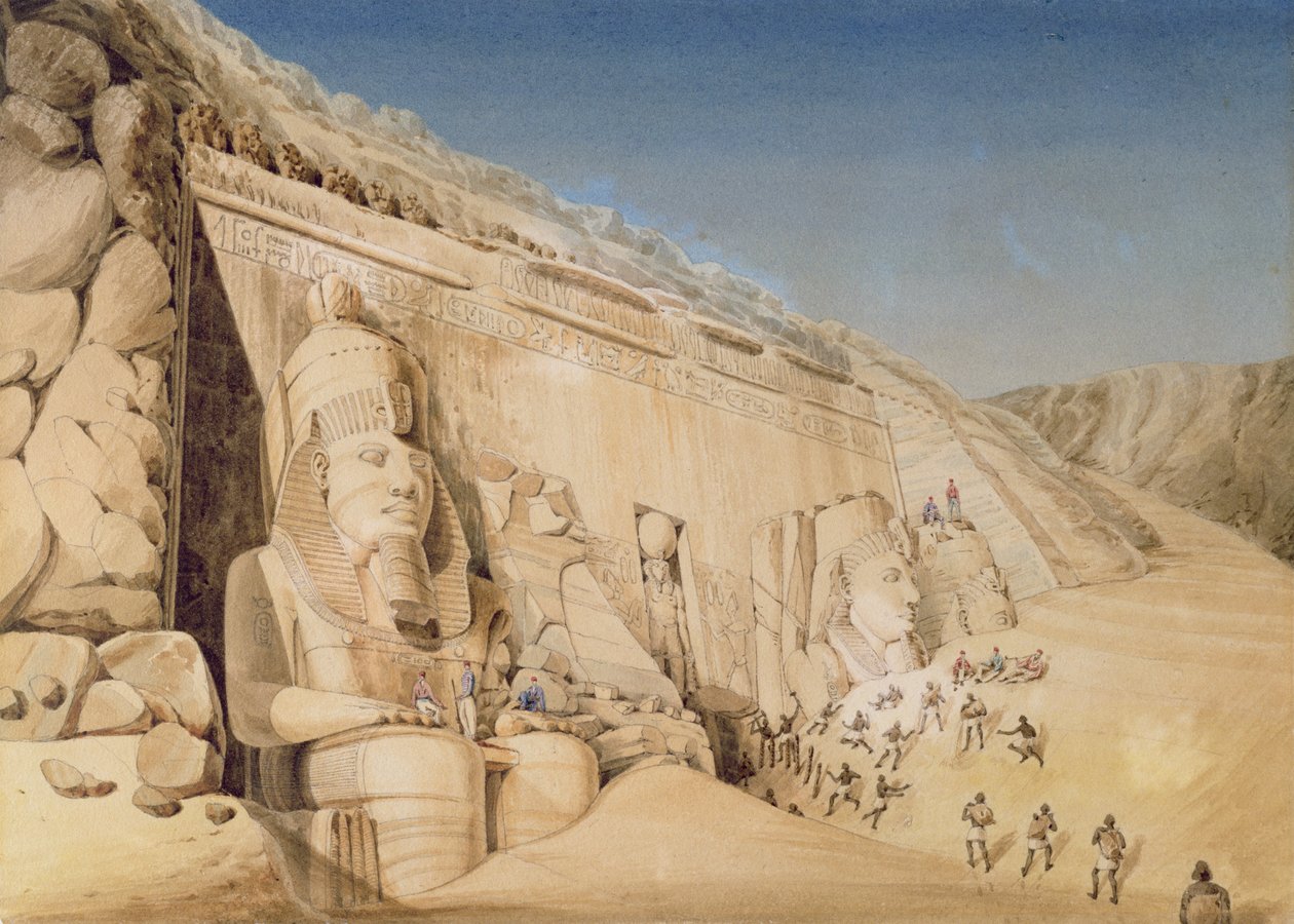 A escavação do grande templo de Ramesses II, Abu Simbel, 1819 de Louis M.A. Linant de Bellefonds