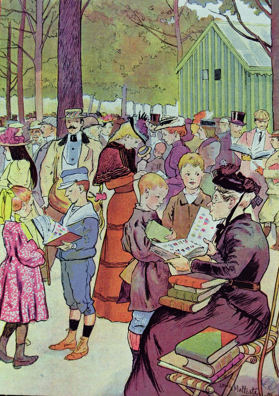 Mercado de selos em Paris, 1897 (gravura a cores) de Louis Malteste