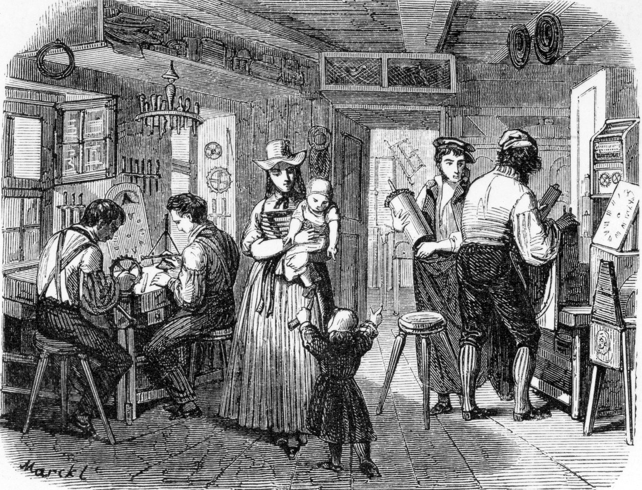 Clockmakers da Floresta Negra, ilustração de &39;A Summer in Baden Baden&39; por E. Guinot, impressão feita por Bertrand, c. 1850 de Louis Marckl