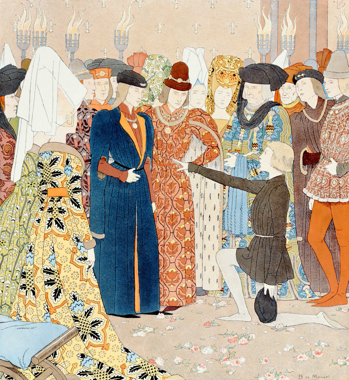 Joana d&39;Arc reconhece o rei Carlos VII escondido entre suas cortesãs em Chinon, em 25 de fevereiro de 1429, ilustração de "Jeanne d&39;Arc", c.1910 de Louis Maurice Boutet de Monvel