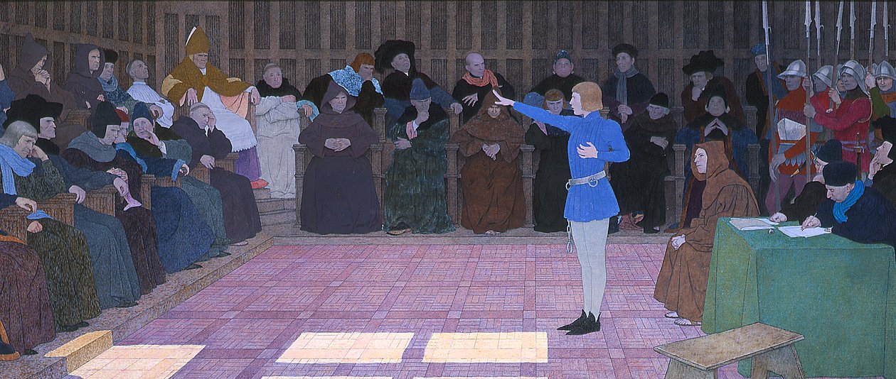 O Julgamento de Joana d&39;Arc, de Joana d&39;Arc Série F, 1911 (óleo e folha de ouro sobre tela) de Louis Maurice Boutet de Monvel
