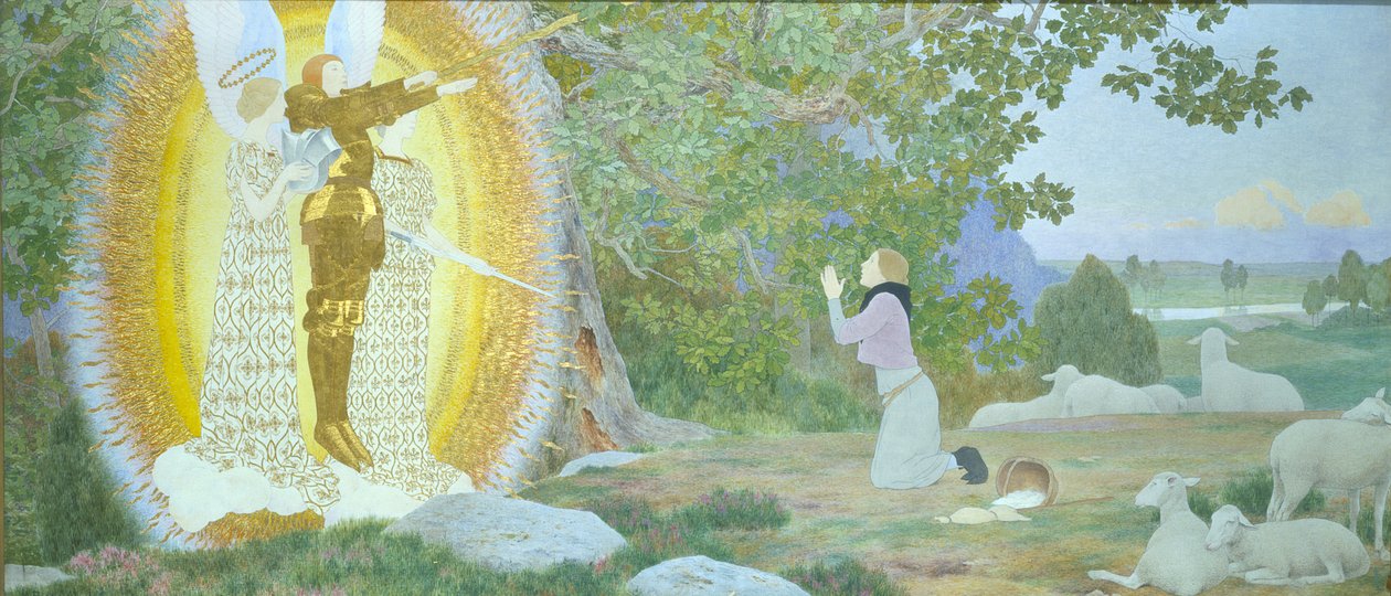 A Visão e Inspiração, de Joan of Arc Série A, 1911 (óleo e folha de ouro sobre tela) de Louis Maurice Boutet de Monvel