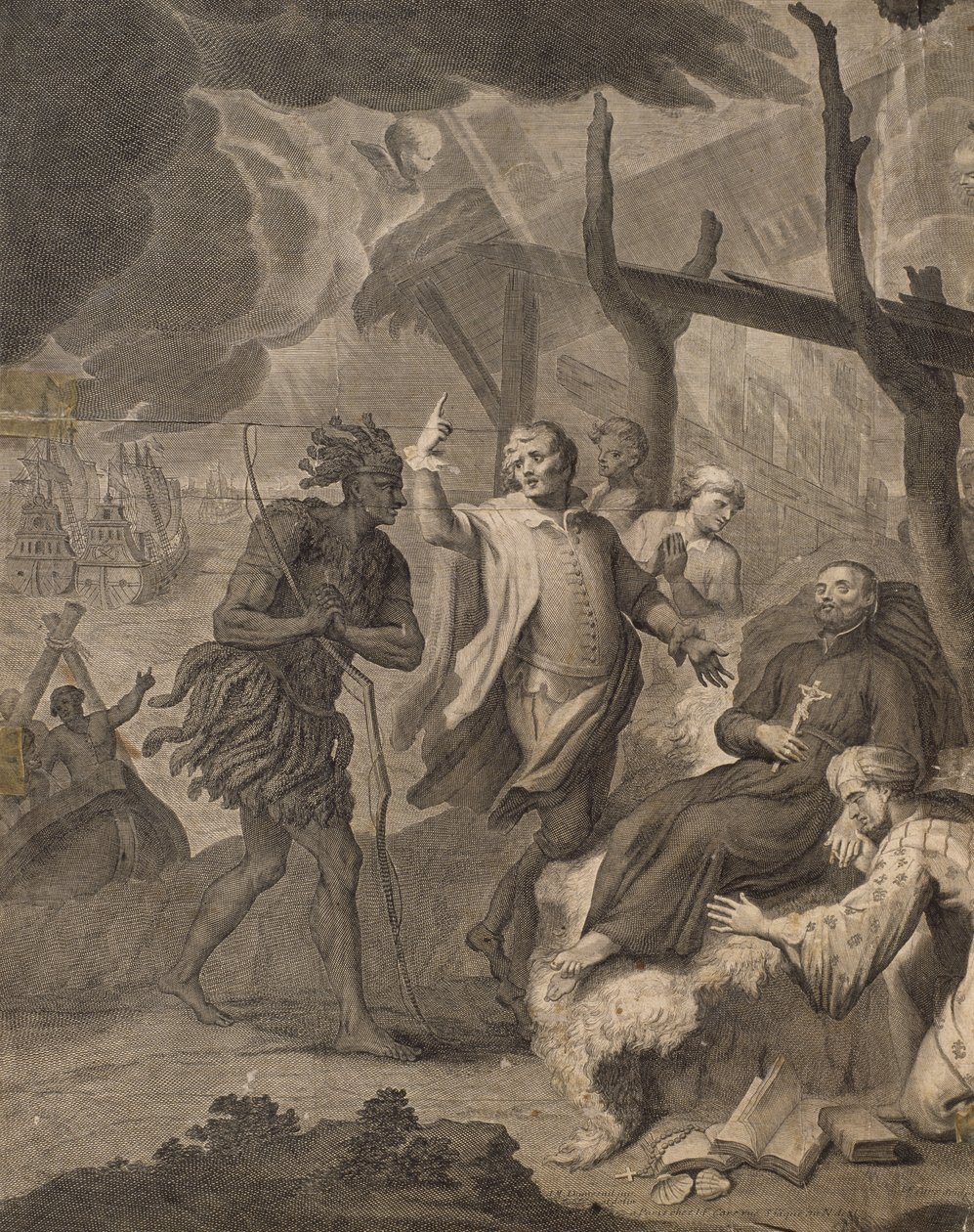 Primeiro francês chegando no Canadá, gravado por Laurent Cars (1699-1771) de Louis Michel Dumesnil