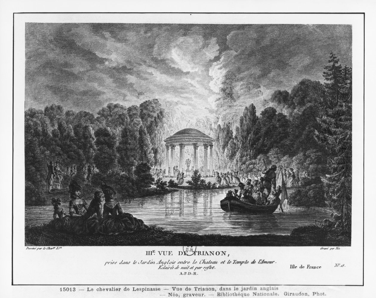 Terceira visão do Trianon, tirada do jardim inglês entre o castelo e o Templo do Amor, gravada por Francois Denis Nee (1732-1817) de Louis Nicolas de Lespinasse