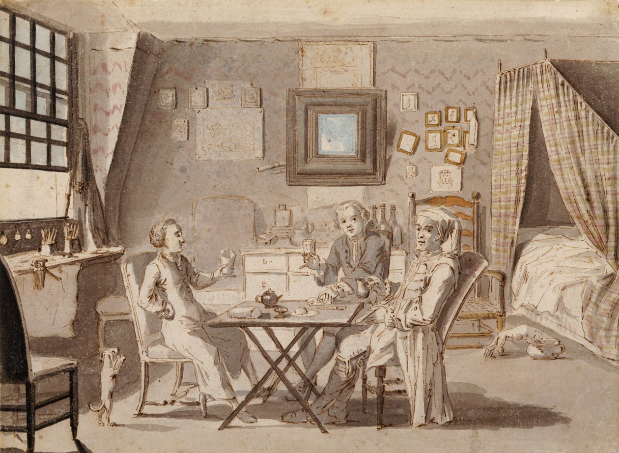 Auto-retrato com dois jovens (caneta e tinta marrom e wc no papel) de Louis Philippe Boitard