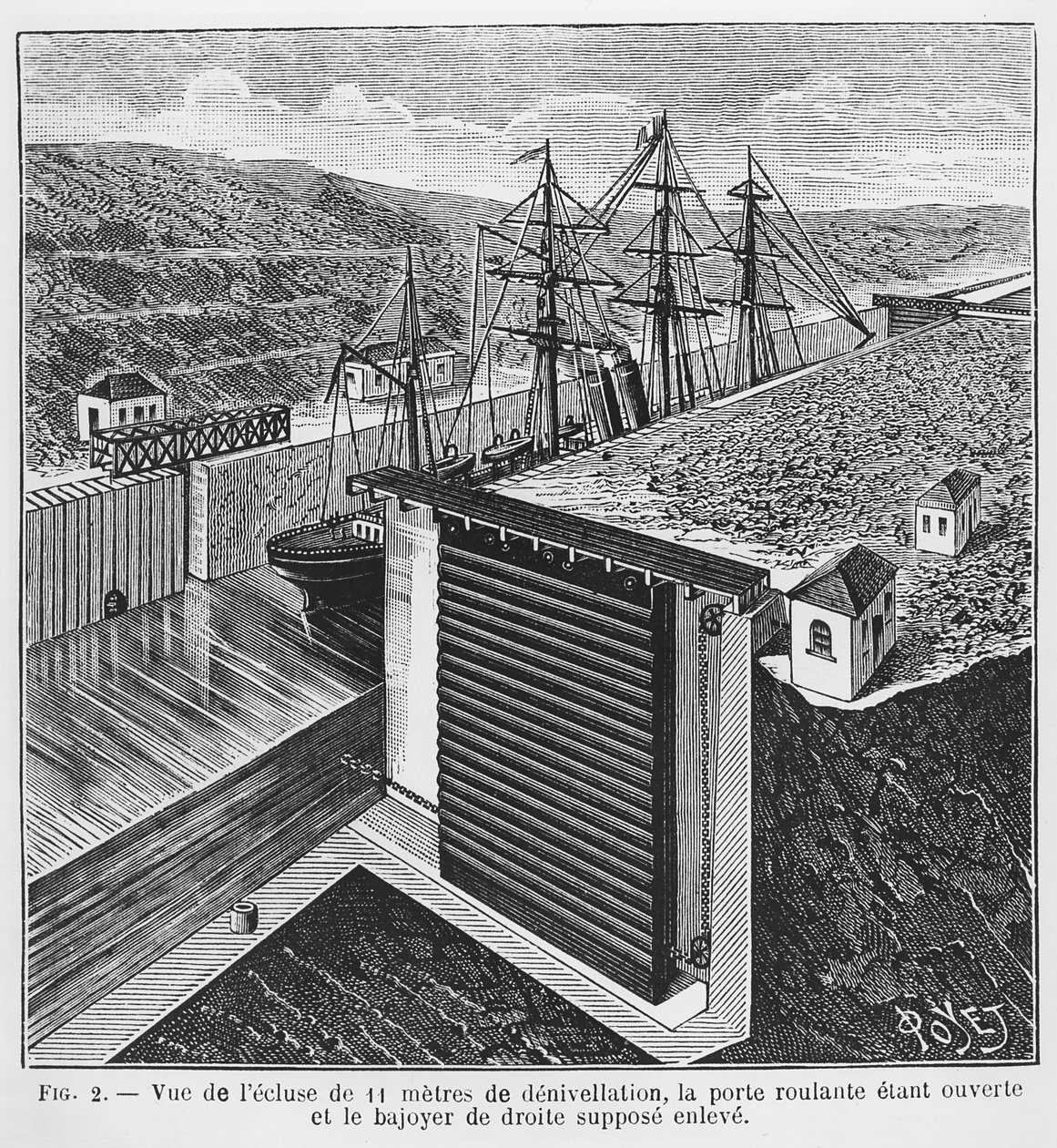 Projetos de Gustave Eiffel (1832-1923) para bloqueios no Canal do Panamá, ilustração da revista "Le Genie Civil", 1888 (foto bw de gravura) de Louis Poyet