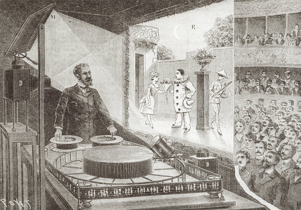 O &39;Theater Optique&39; e seu inventor Emile Reynaud (1844-1918) com uma cena de &39;Pauvre Pierrot&39;, c.1892-1900 de Louis Poyet