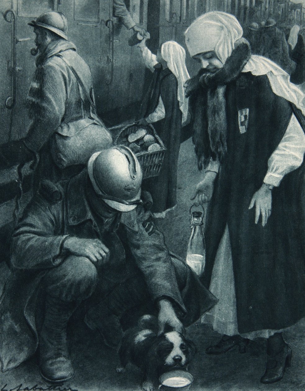 O Poilu, o filhote e o Trabalhador da Cruz Vermelha, ilustração de &39;The Illustrated War News&39;, 10 de janeiro de 1917 de Louis Remy Sabattier