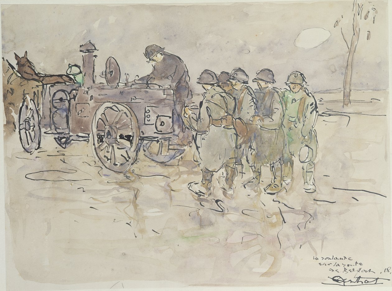 Cozinha de campo na estrada para Belfort, 1918 (caneta e tinta no papel) de Louis Robert Antral