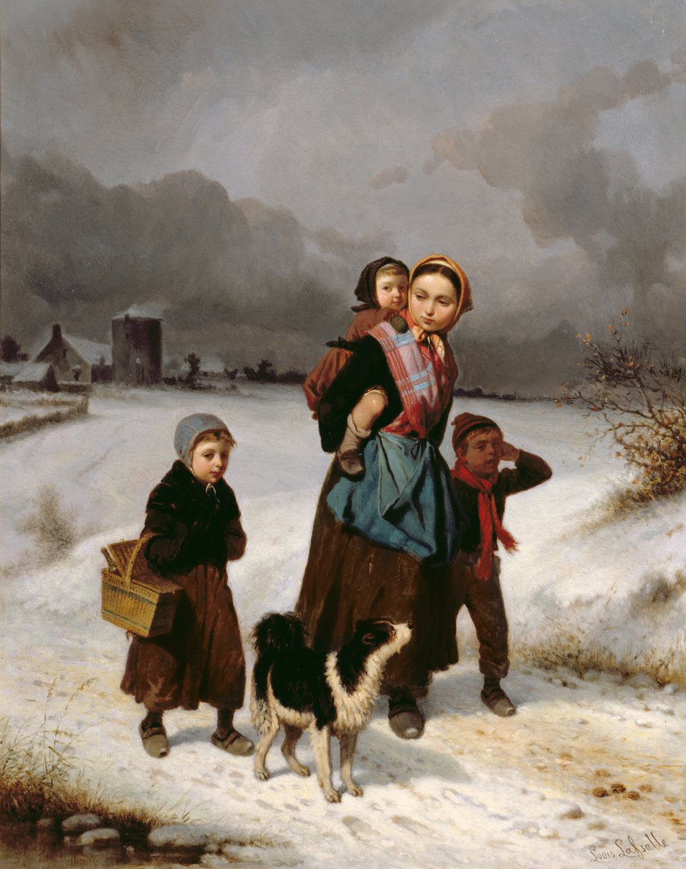 Mãe e filhos na neve de Louis Simon Lassalle