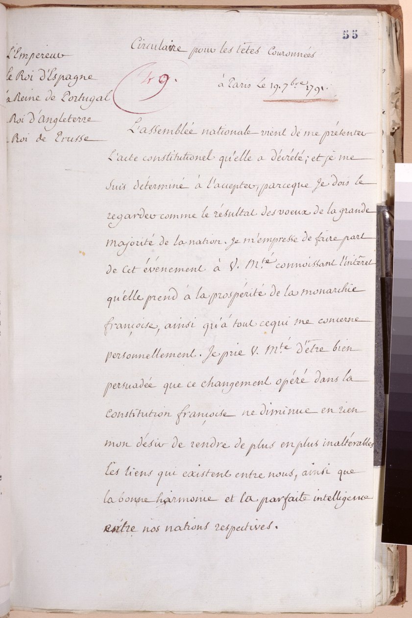 Carta aos soberanos europeus escrita por Luís XVI (1754-93) explicando sua decisão de aceitar a Constituição de 1791, 19 de julho de 1791 de Louis XVI