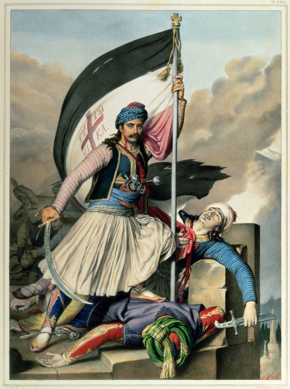 Viagem a Atenas e Constantinopla: Nickolaki Mitropolos tomando o padrão da cruz em Salona no dia de Páscoa em 1821, 1825 de Louis after Dupre