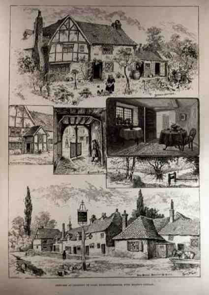 Esboços em Chalfont St. Giles, Buckinghamshire, com Miltons Cottage, de The Illustrated London News, 4 de junho de 1887 de Louis Wain