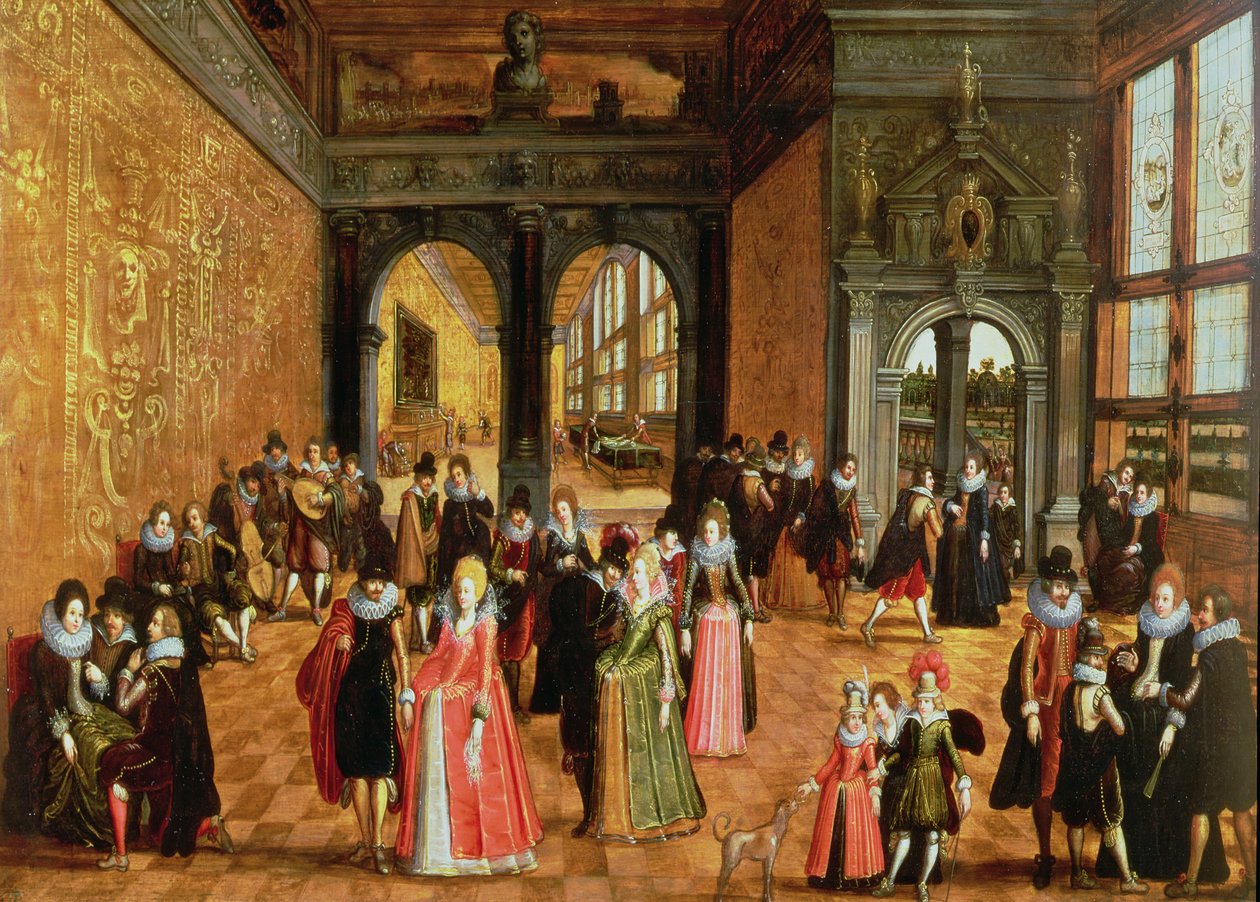 Um interior do palácio com senhoras e senhores dançando e tocando música de Louis de Caullery