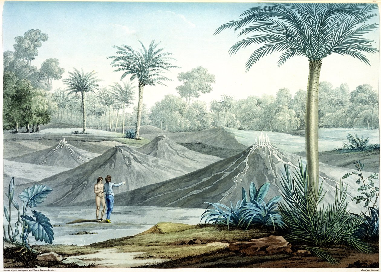 Vulcões na região de Turbaco, de "Vistas da Cordilheira e Monumens dos Povos Indígenas da América" por Alexandre de Humboldt (1769-1859) e Aime Bonpland (1773-1858), gravados por Bouquet de Louis de Rieux