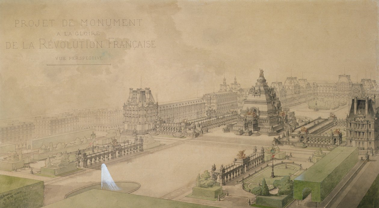 Projeto para uma pirâmide no Louvre como um monumento à glória da Revolução Francesa (lápis, caneta, tinta, wash & wc no papel) de Louis Ernest Lheureux