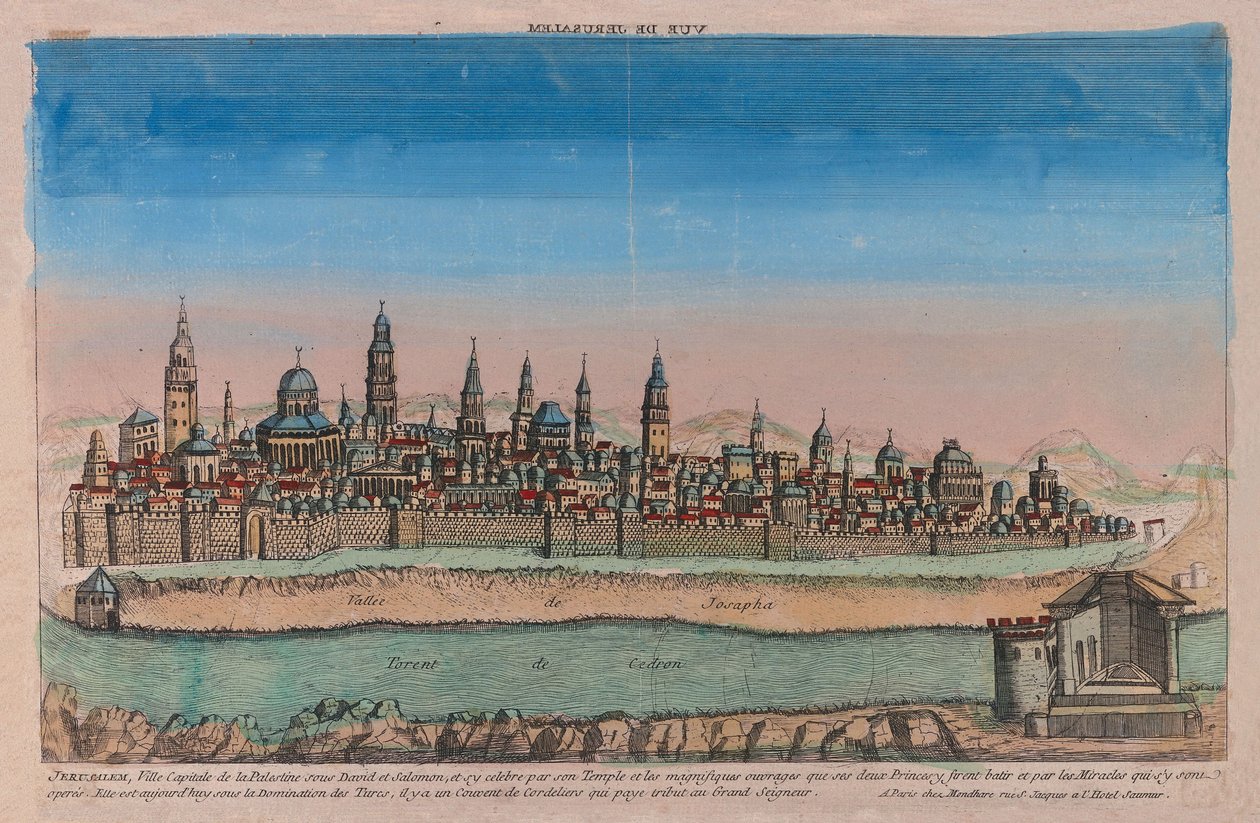 Vista de Jerusalém, 1770 (gravura colorida à mão) de Louis Joseph Mondhare