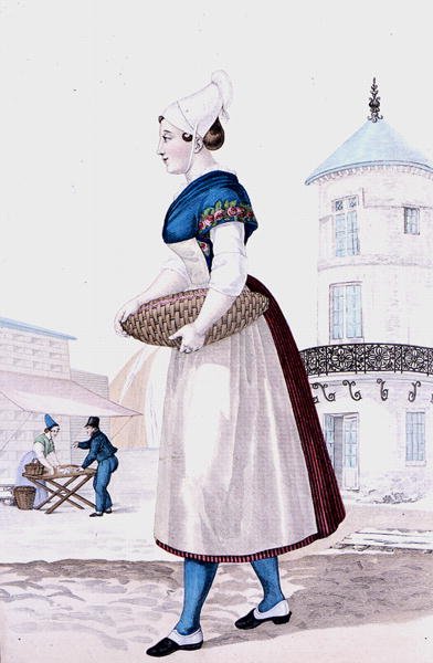 Traje tradicional de St. Valery en Caux, gravado por Gatine c.1820 (gravação a cores) de Louis Marie (after) Lante