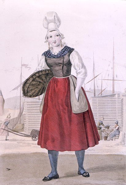 Traje tradicional de vendedor de peixe Dieppe, gravado por Gatine c.1820 (gravação a cores) de Louis Marie (after) Lante