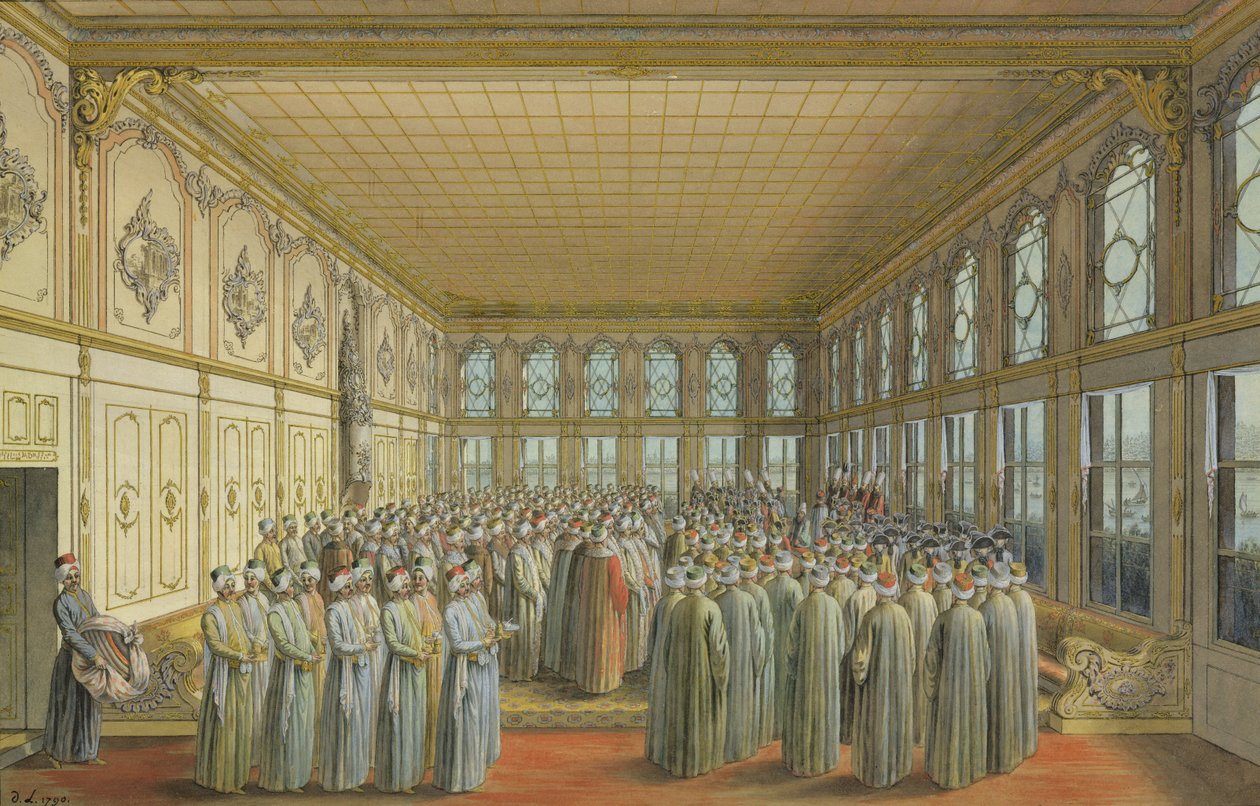 A recepção de um embaixador pelo grão-vizir no Palácio de Topkapi, Constantinopla, 1790 (wc & bodycolour com giz, caneta e tinta sobre papel) de Louis Nicolas de Lespinasse