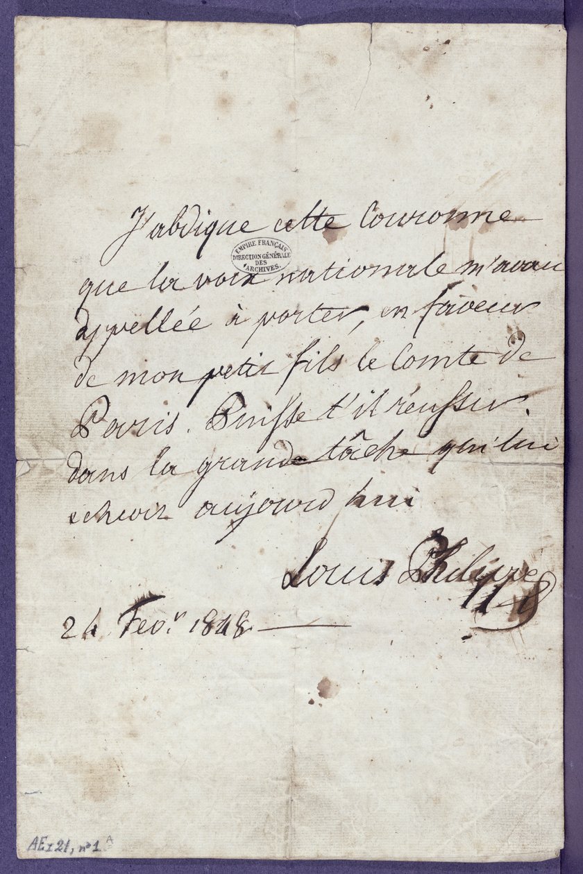 Ato de abdicação do trono por Louis-Philippe (1773-1850) em favor de seu neto, Louis-Philippe Albert dOrleans (1838-94), Conde de Paris, 24 de fevereiro de 1848 de Louis Philippe