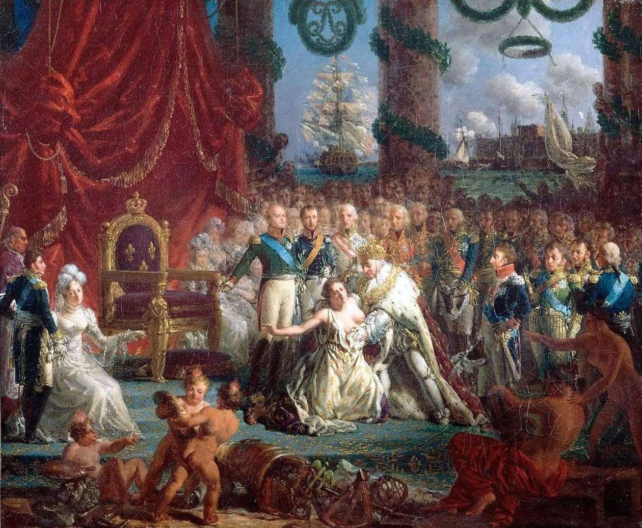 Alegoria do retorno dos Bourbons em 24 de abril de 1814: Luís XVIII alivia a França de suas ruínas.n de Louis Philippe Crepin