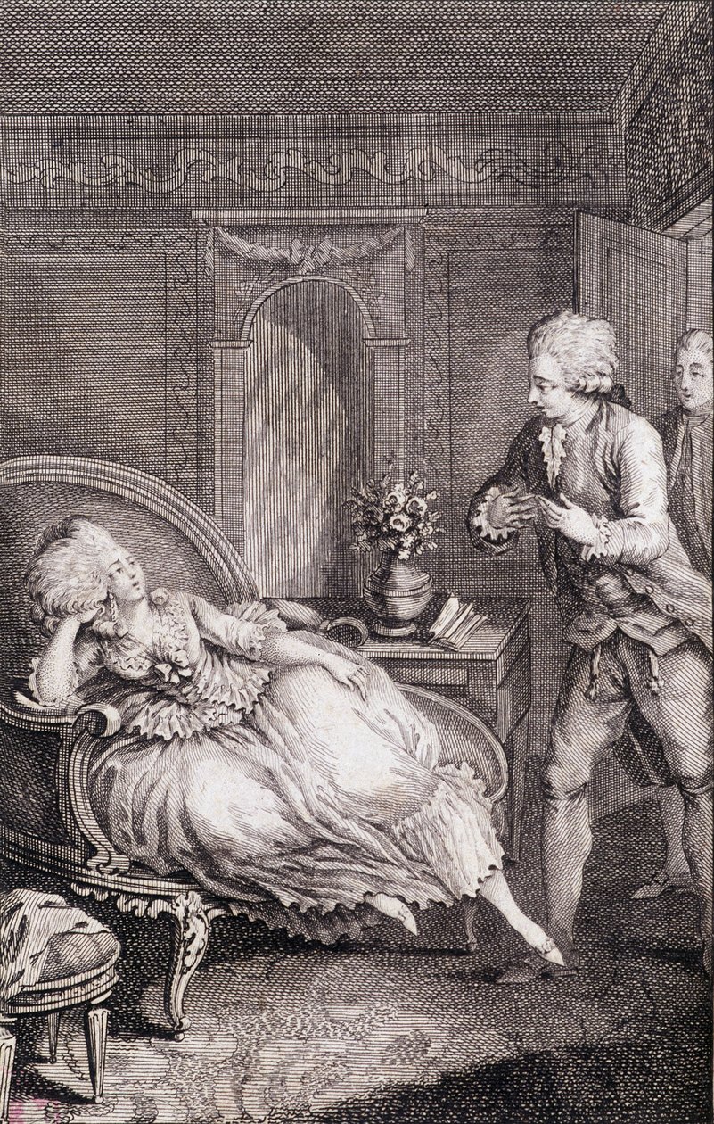 Gentilhomme declarando seu amor a uma senhora definhando sobre uma pastora - em "Les francaises ou 34 exemplos escolhidos nos costumes atuais adequados para conduzir filhas, esposas, mães" por Restif de La Bretonne (1734-1806), doente. por Binet, Neufchate de Louis (after) Binet