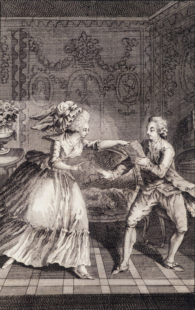Le billet doux subtilisé (libertinage) - em "Les francaises ou 34 exemplos escolhidos nos costumes atuais próprios para conduzir filhas, mulheres, esposas, mães" por Restif de La Bretonne (1734-1806), doente. por Binet, Neufchatel de Louis (after) Binet