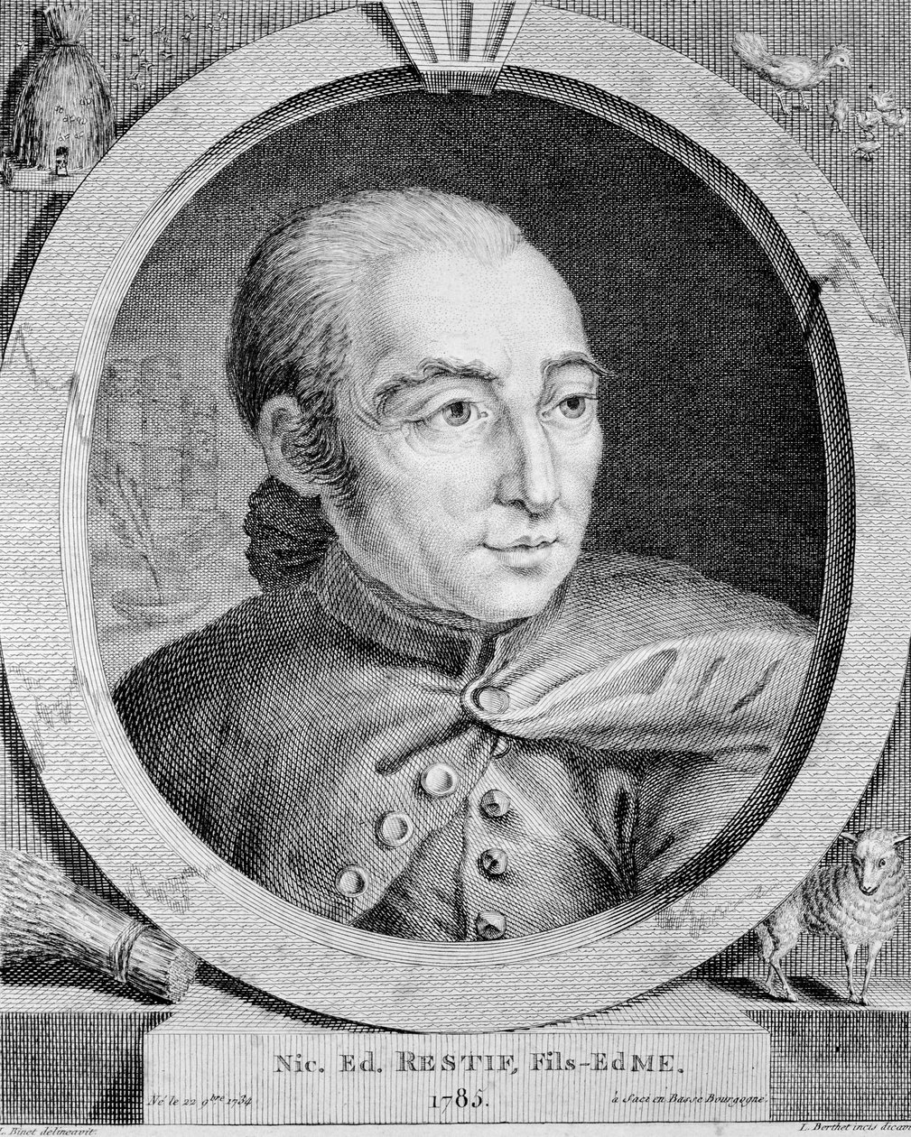 Retrato de Nicolas Edme Restif de La Bretonne (1734-1806) (também Retif de La Bretone) - por Binet, gravura de Louis (after) Binet