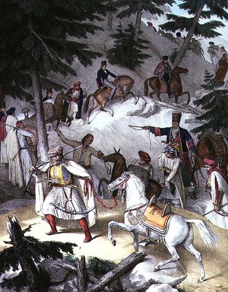 Viagem a Atenas e Constantinopla: Le Pinde, passando de Janina para Tricala (litho) de Louis (after) Dupre