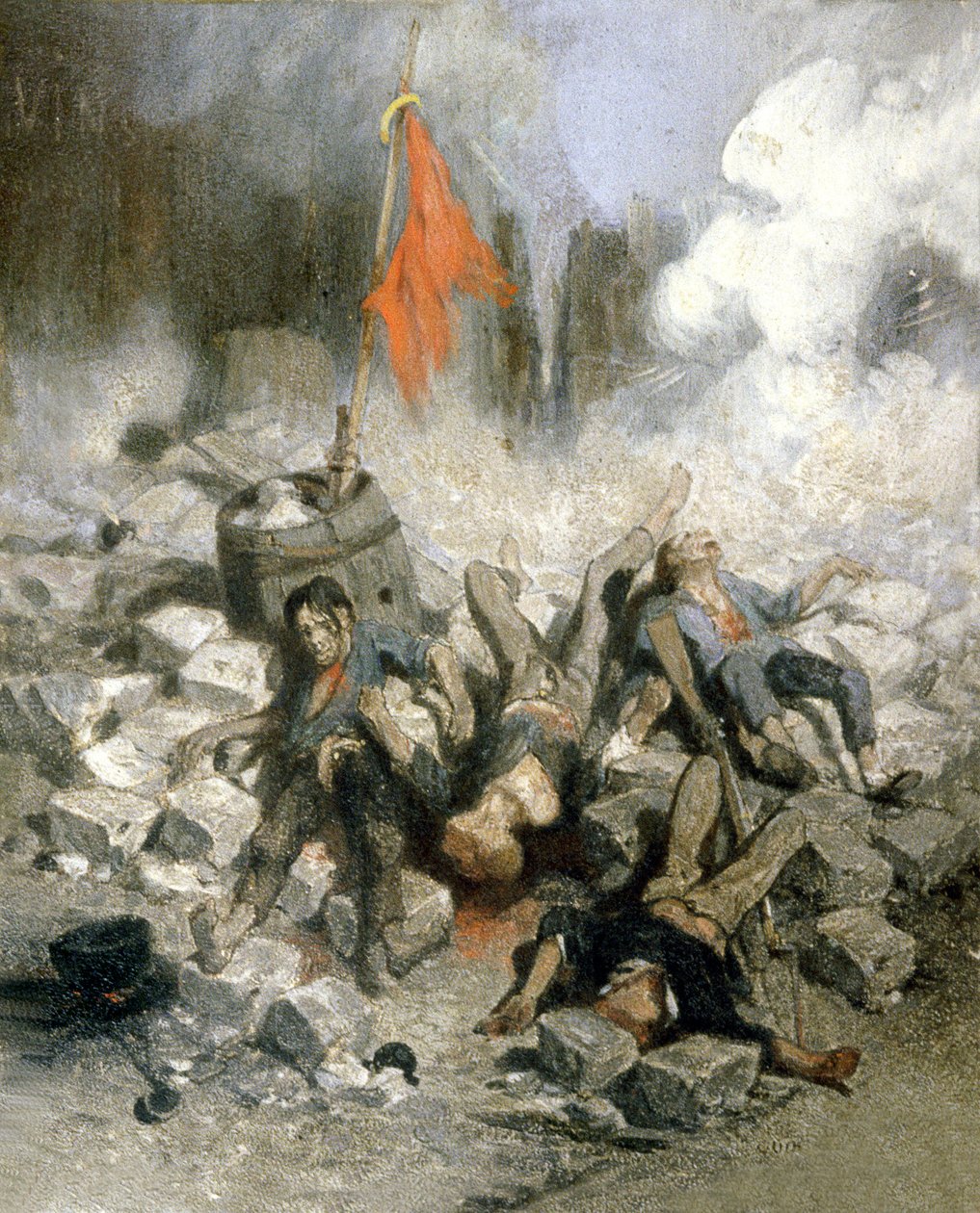 Revolução de 1848: barricadas em Paris (óleo sobre painel) de Louis Adolphe Hervier
