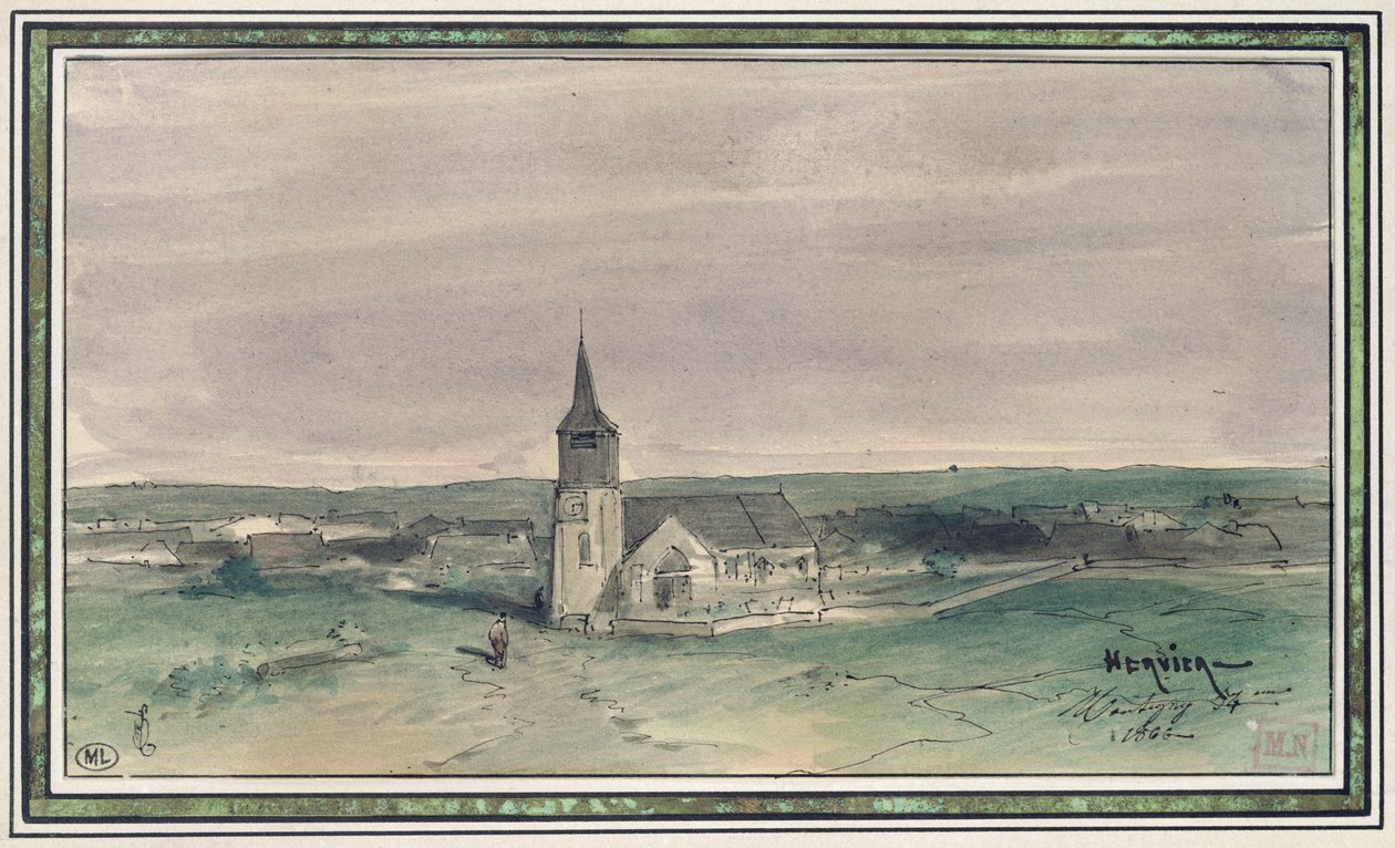 Igreja e Aldeia no Meio de um Campo, Montigny, 1866 (caneta e tinta sobre papel) de Louis Adolphe Hervier