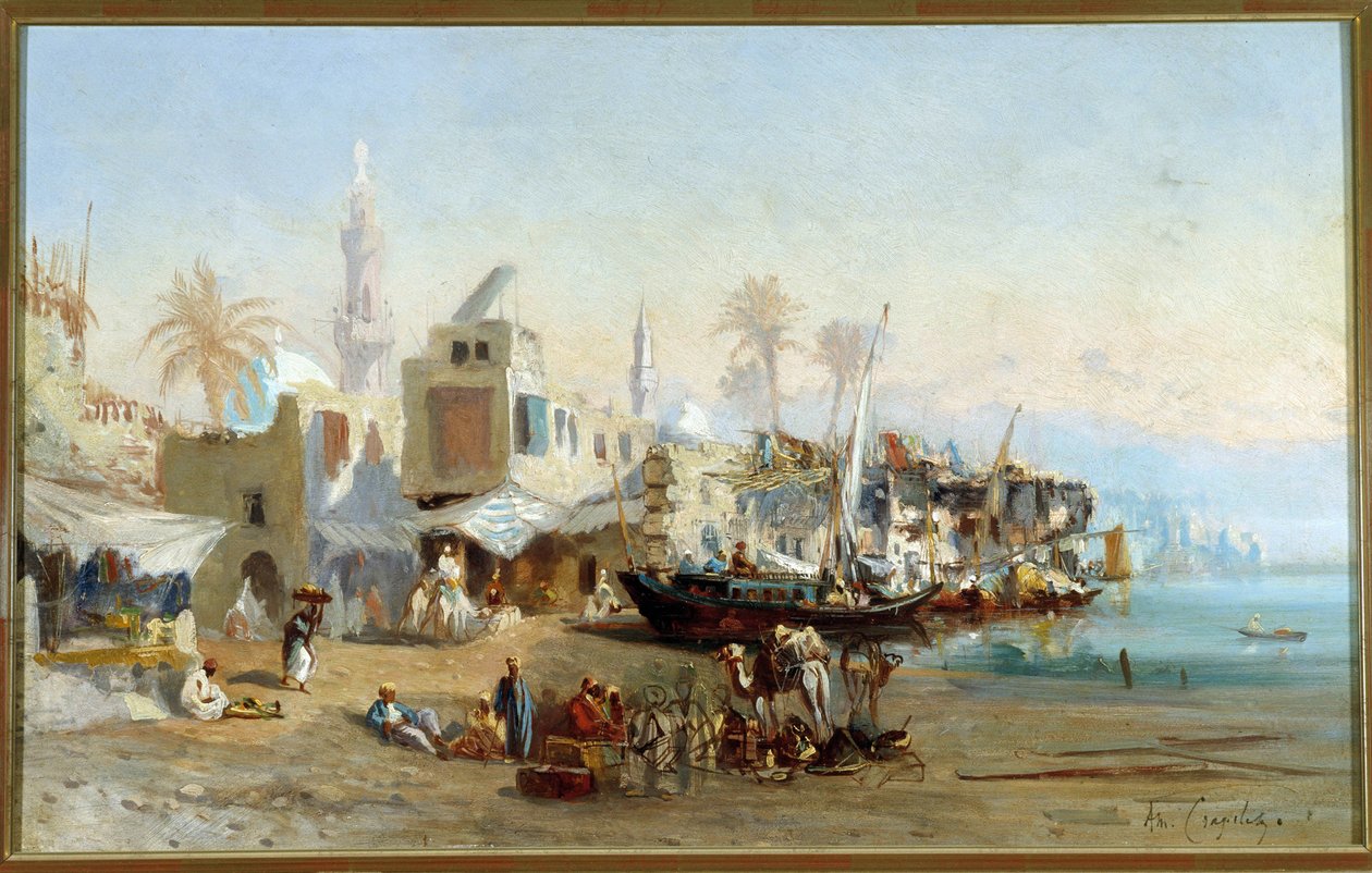 Pecheurs et mosquees du port de Boulack en Egypt Painting by Amable Louis Crapelet (1822-1867) Sun. 41x64 cm Menção obrigatória: Fondação de colecção no que diz respeito a de Provence, Marselha de Louis Amable Crapelet