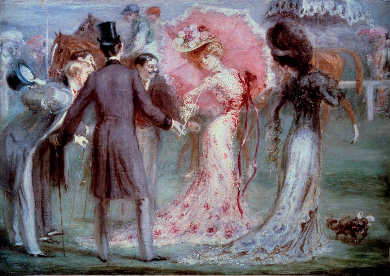 Boa hora: Homens a "pesar", examinando jovens mulheres com insistência nas corridas de cavalos. Pintura de Louis Anquetin (1861-1932), Coleção Particular do século XX de Louis Anquetin
