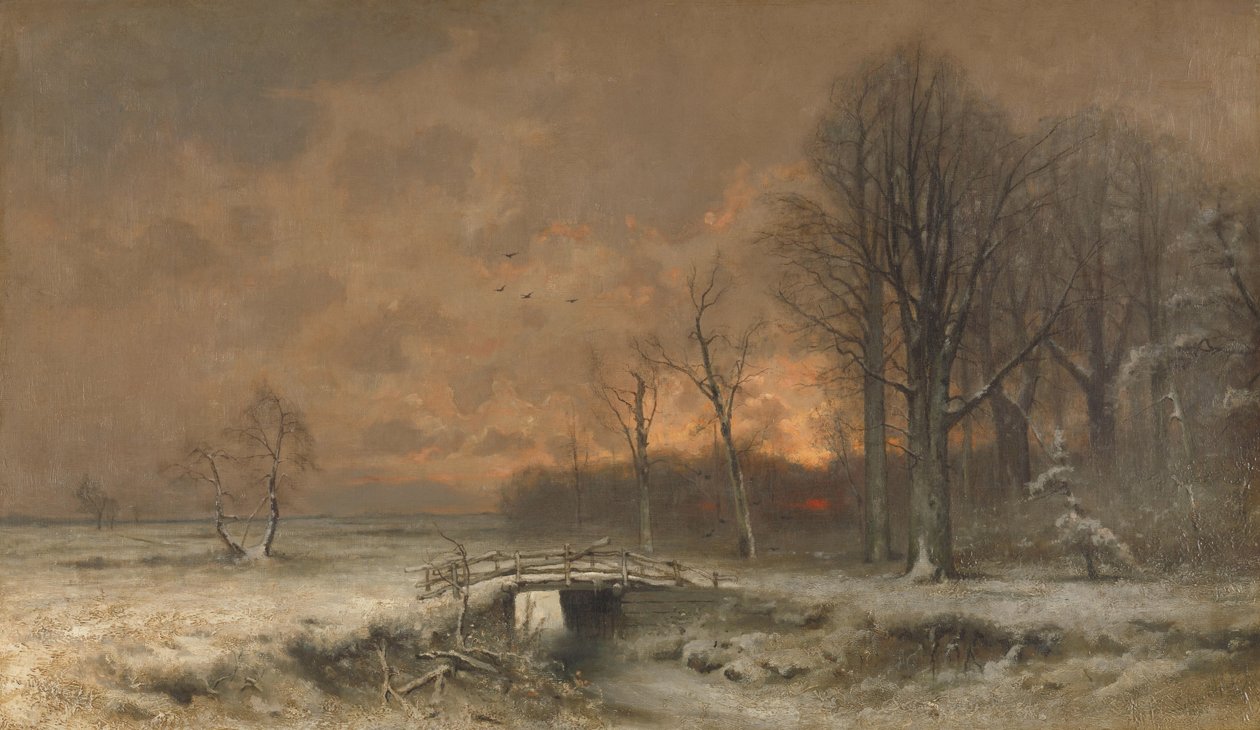 Cena de Inverno com o pôr-do-sol por detrás das árvores de Louis Apol