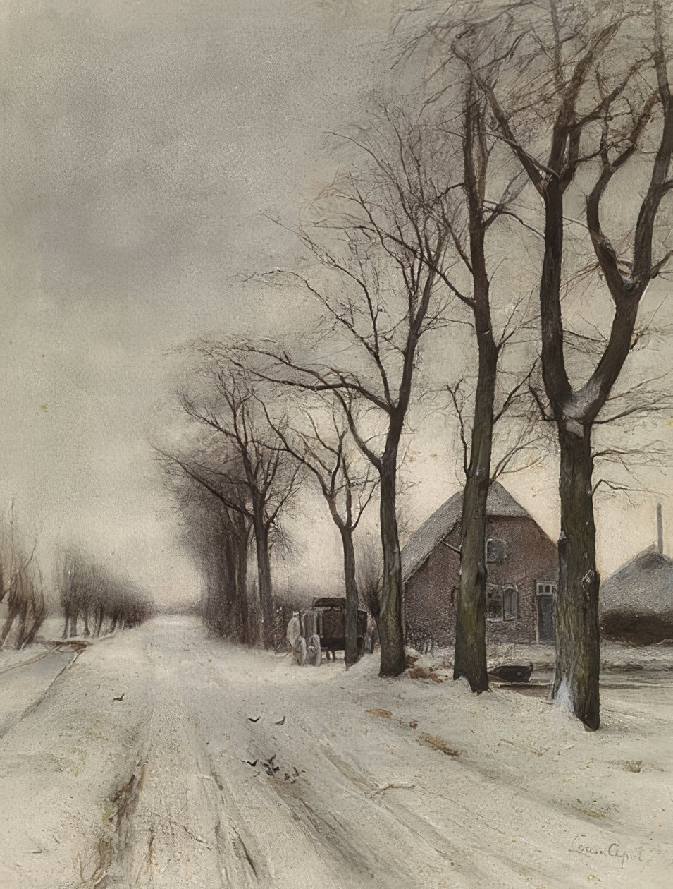 Winterlandschaft mit Bauernhof an einer Allee (paisagem de inverno com fazenda em uma avenida) de Louis Apol