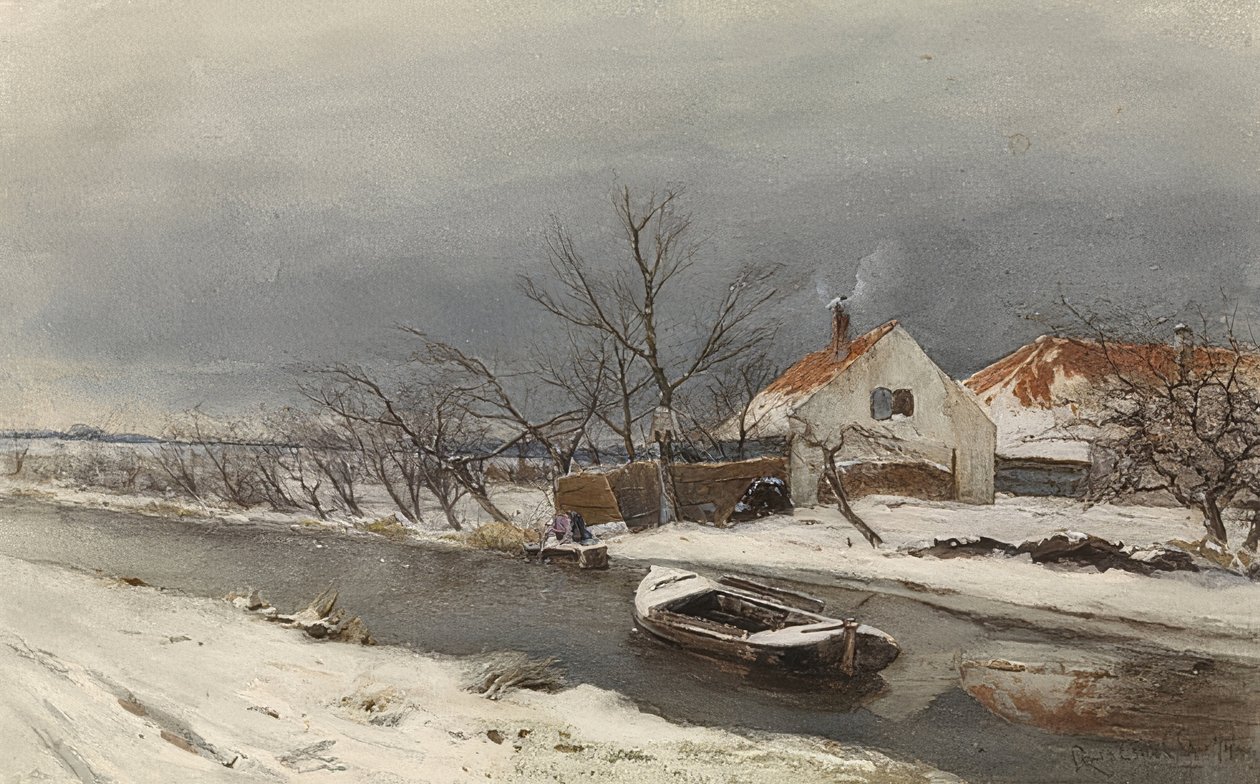 Winterlandschaft com Häusern und einem Kanal (paisagem de inverno com casas em um canal). 1874 de Louis Apol