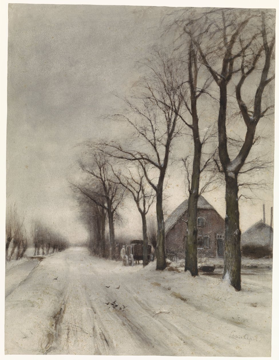 Paisagem de inverno com uma fazenda em uma avenida de Louis Apol