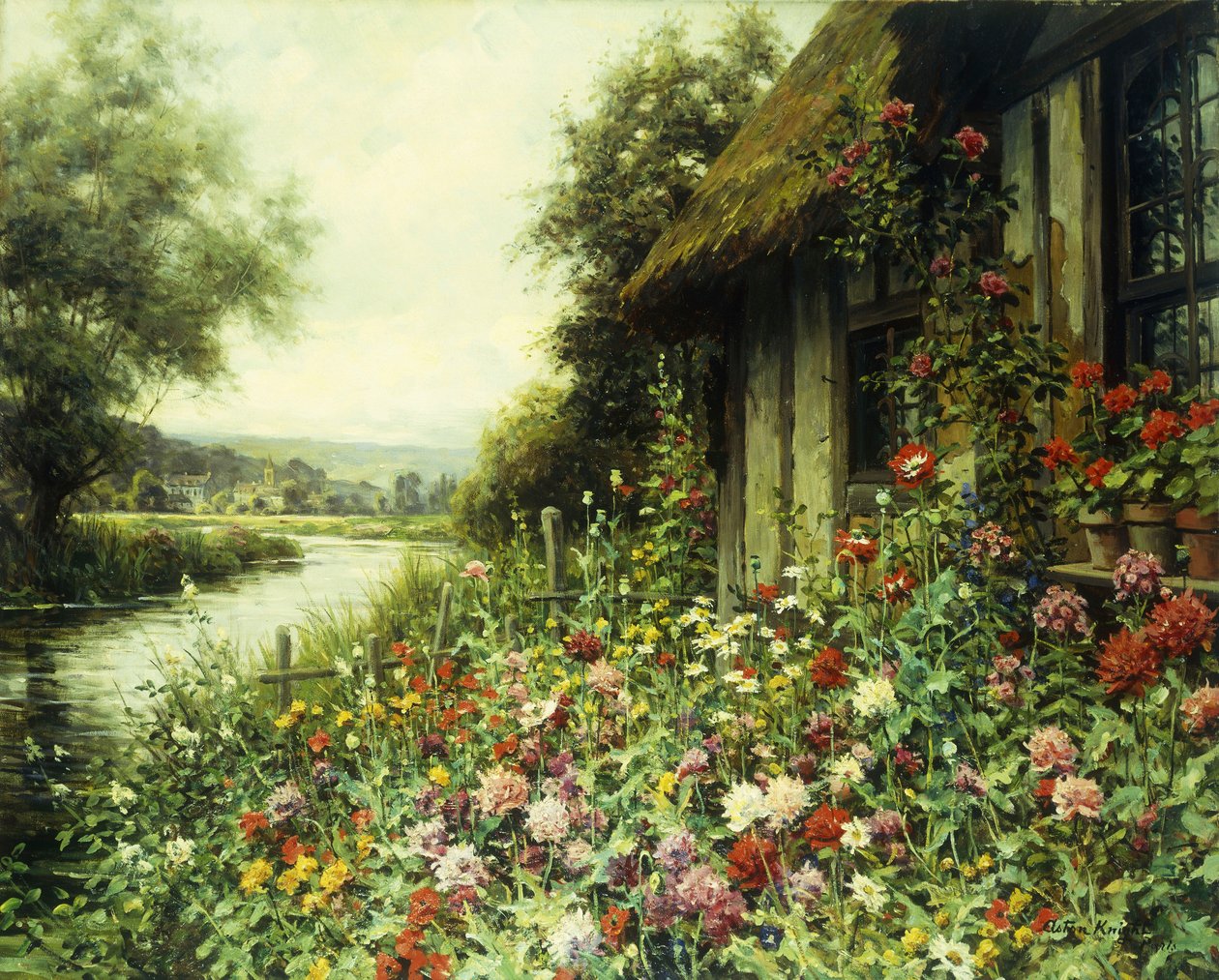 Flores em flor Fora de uma casa de campo (óleo sobre tela) de Louis Aston Knight