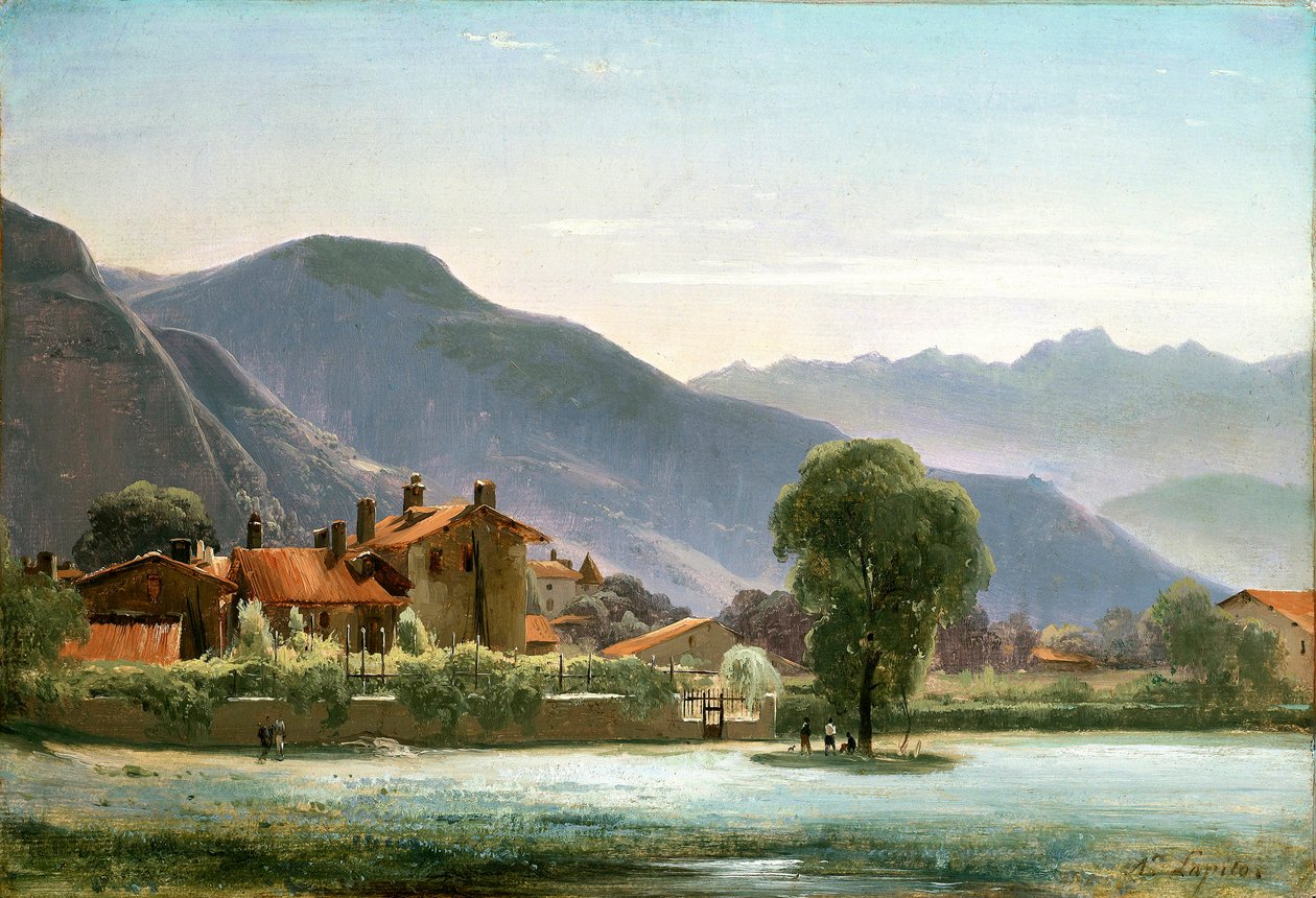 Village in the Foothills, c.1830 (óleo sobre papel colocado sobre tela) de Louis Auguste Lapito