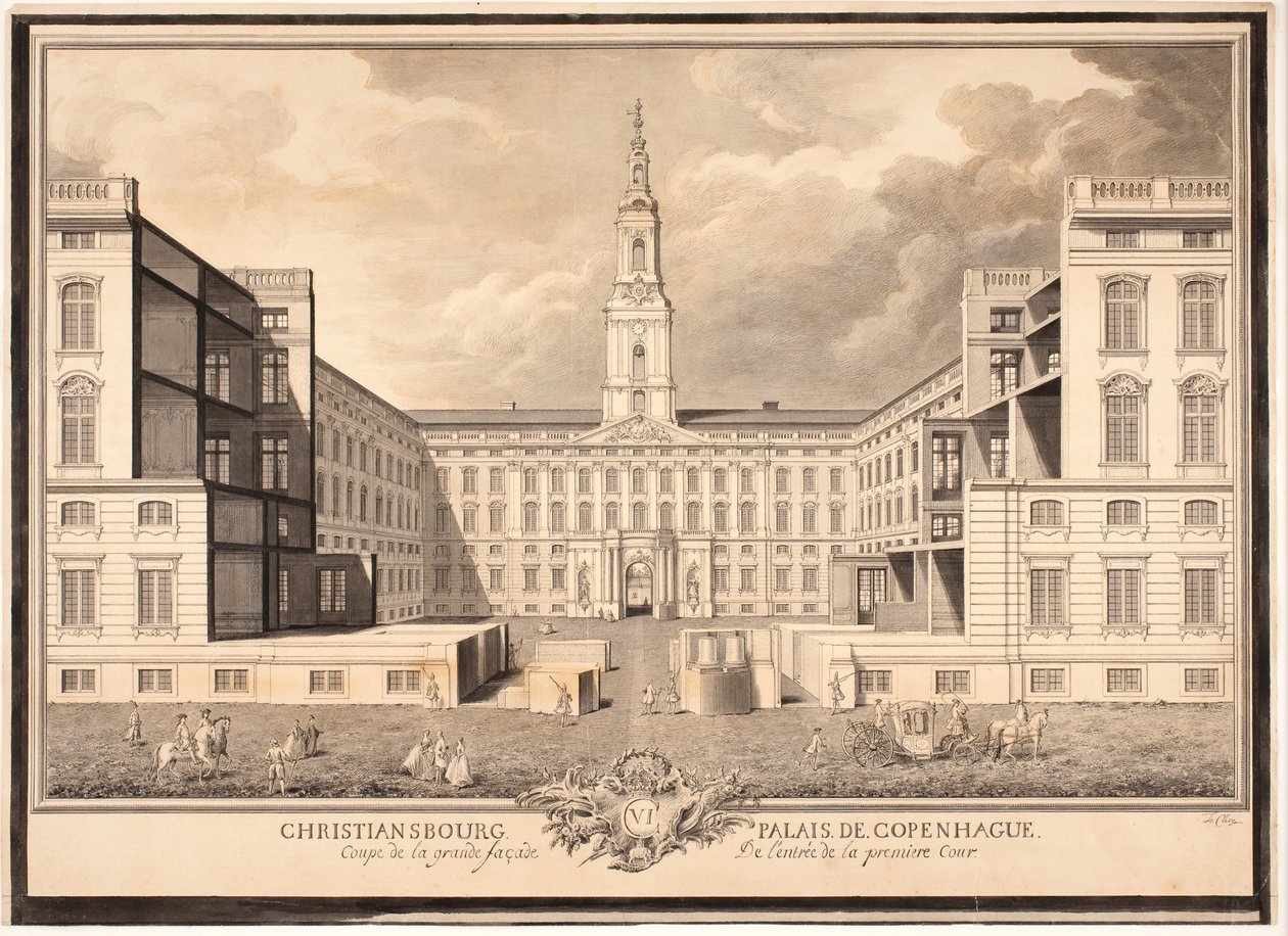Palácio de Christiansborg em Copenhague. Seção da grande fachada da entrada do primeiro pátio de Louis Auguste Le Clerc